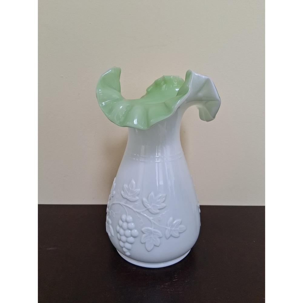 Vintage Kanawha Glass White Pressed Vase With Green Ruffled Edge & Grape Motif